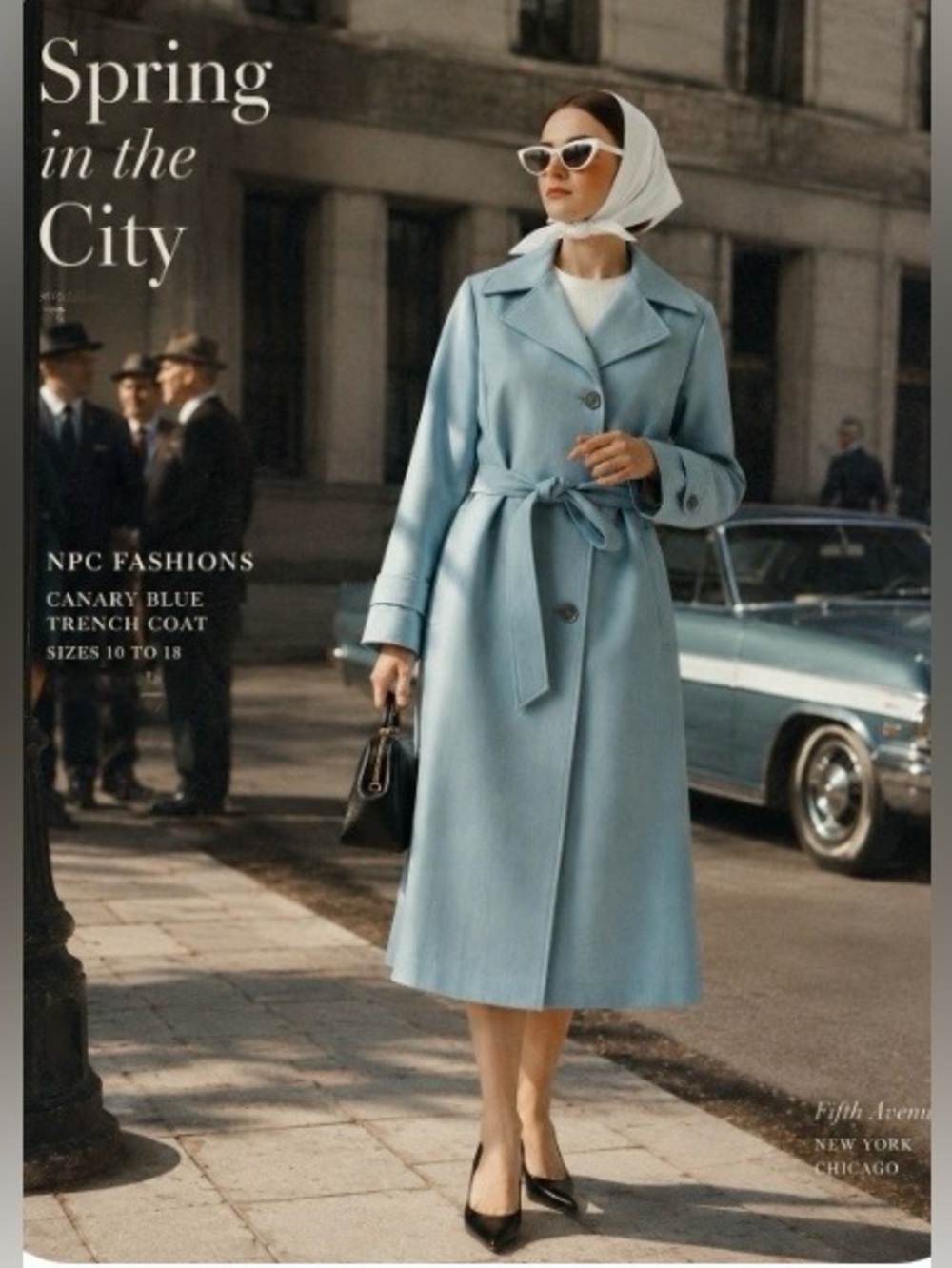 NPC Fashions Powder Blue Belted Trench Coat Retro Vintage Size 14